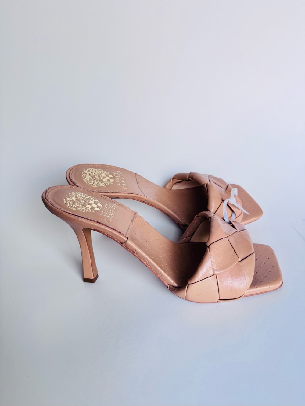 Vince Camuto Woven Knot Mule Heels in Taupe Pink